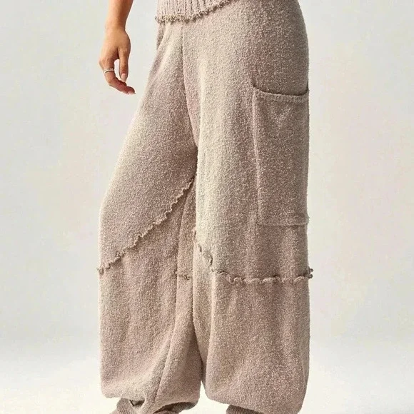 Brown Casual Women's High Waist Loose Baggy Sweater Pants With Cinched Ankles - Picture 7 of 8